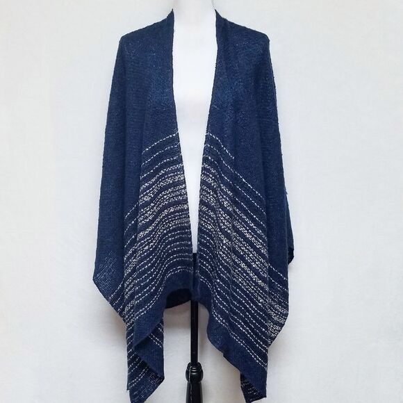 VINTAGE 80s Handmade Blue Striped Poncho Shawl - Picture 2 of 8